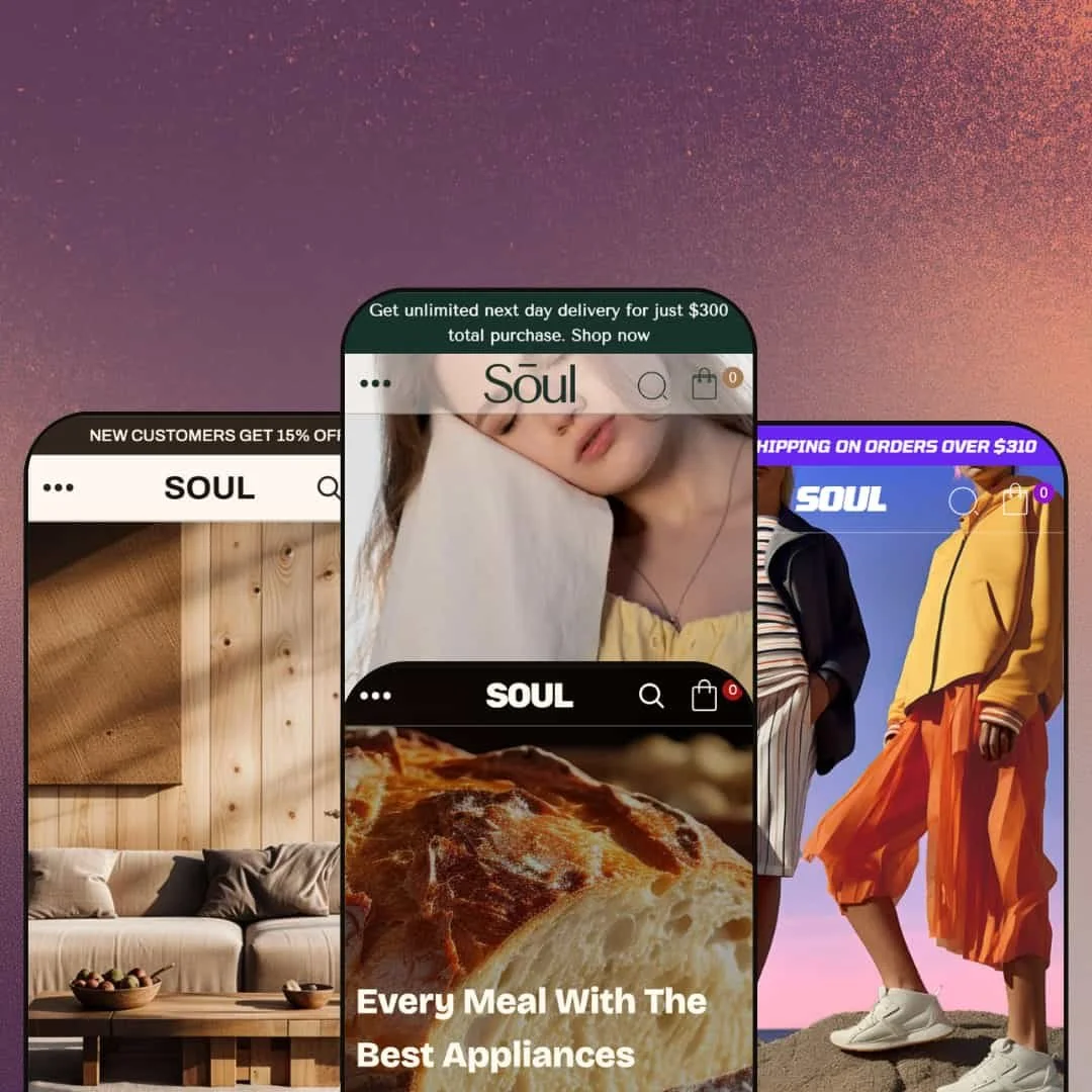 Soul Shopify theme presets in mobile view — Hearth for home and furniture, Soul for fashion, Boule for natural food, Stride for activewear
