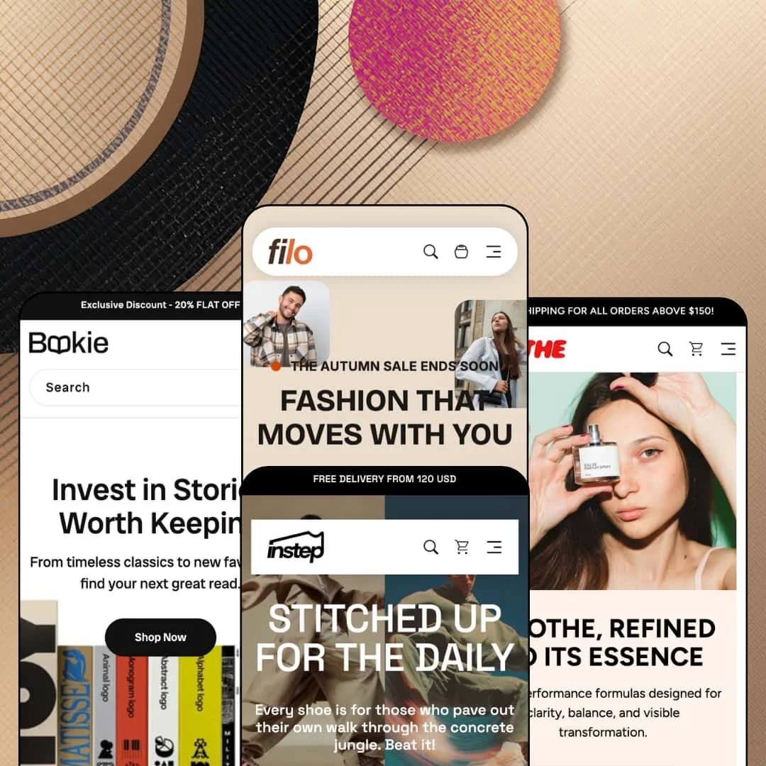 Filo Shopify theme presets in mobile view — Bookie for books, Filo for fashion, Instep for sneakers, Soothe for beauty
