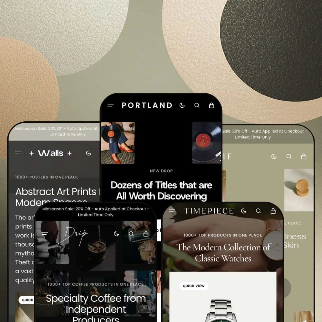 Portland Shopify theme presets in mobile view — Walls for art prints, Drip for coffee, Portland for vinyl, Timepiece for watches, Self for skincare