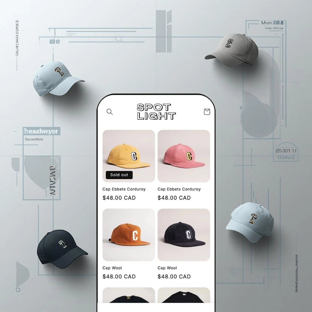 Spotlight Shopify theme mobile preview — single streetwear apparel preset with a grid-first homepage of corduroy and wool caps.