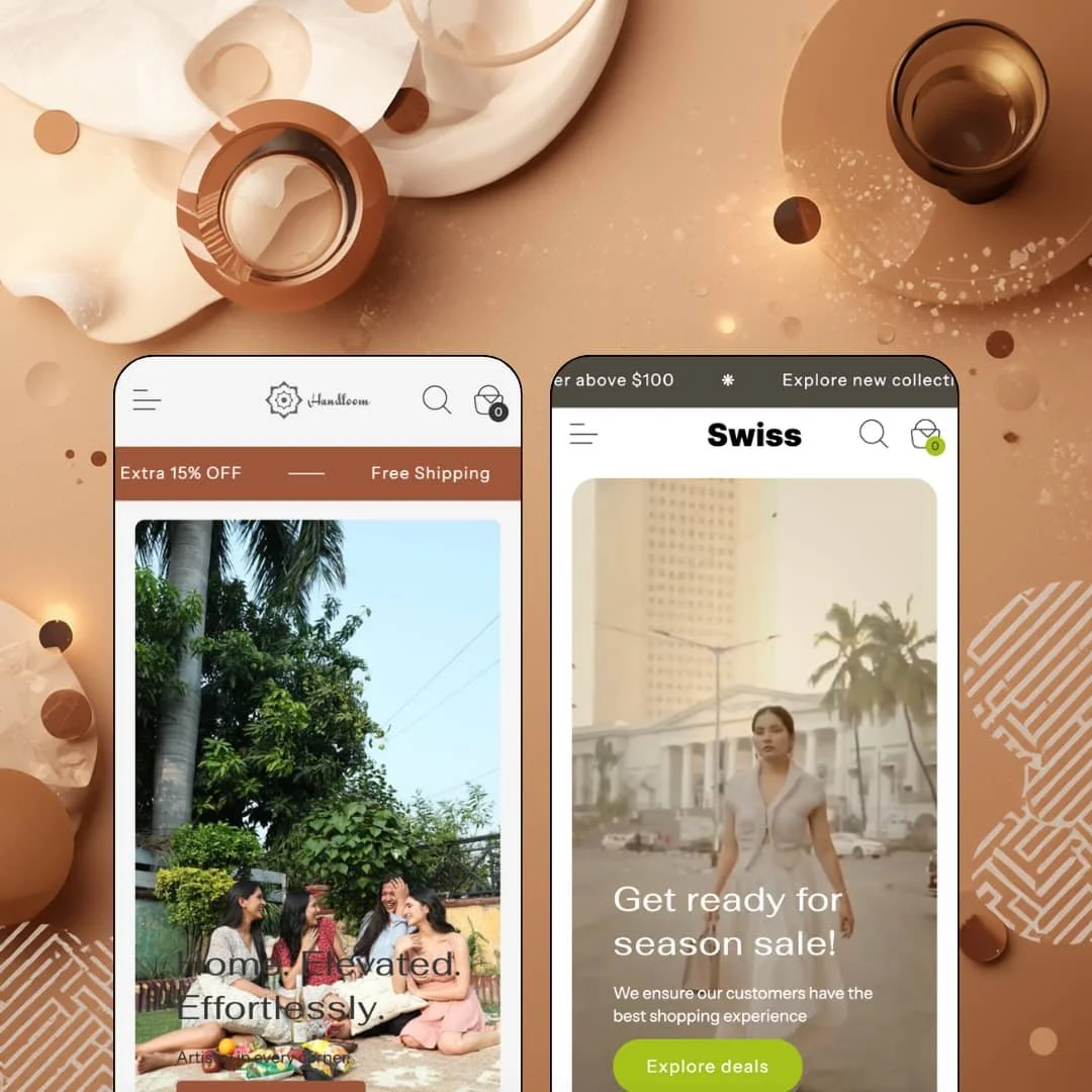 Swiss Shopify theme presets in mobile view — Swiss for home decor and rugs, Elite for women's fashion.
