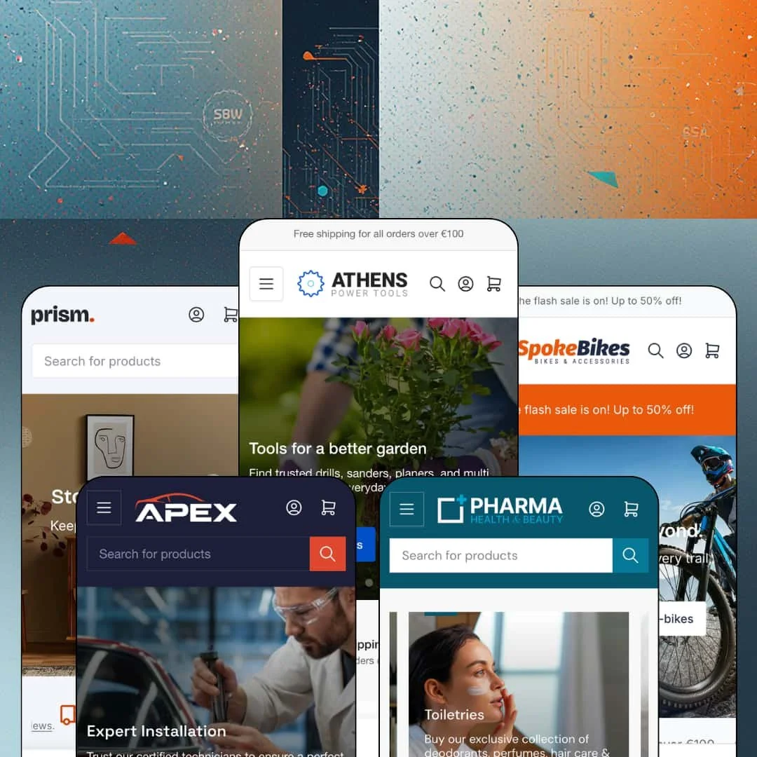 Athens Shopify theme presets in mobile view — Prism for lighting, Apex for auto parts, Athens for tools, Pharm for wellness, Spoke for bikes
