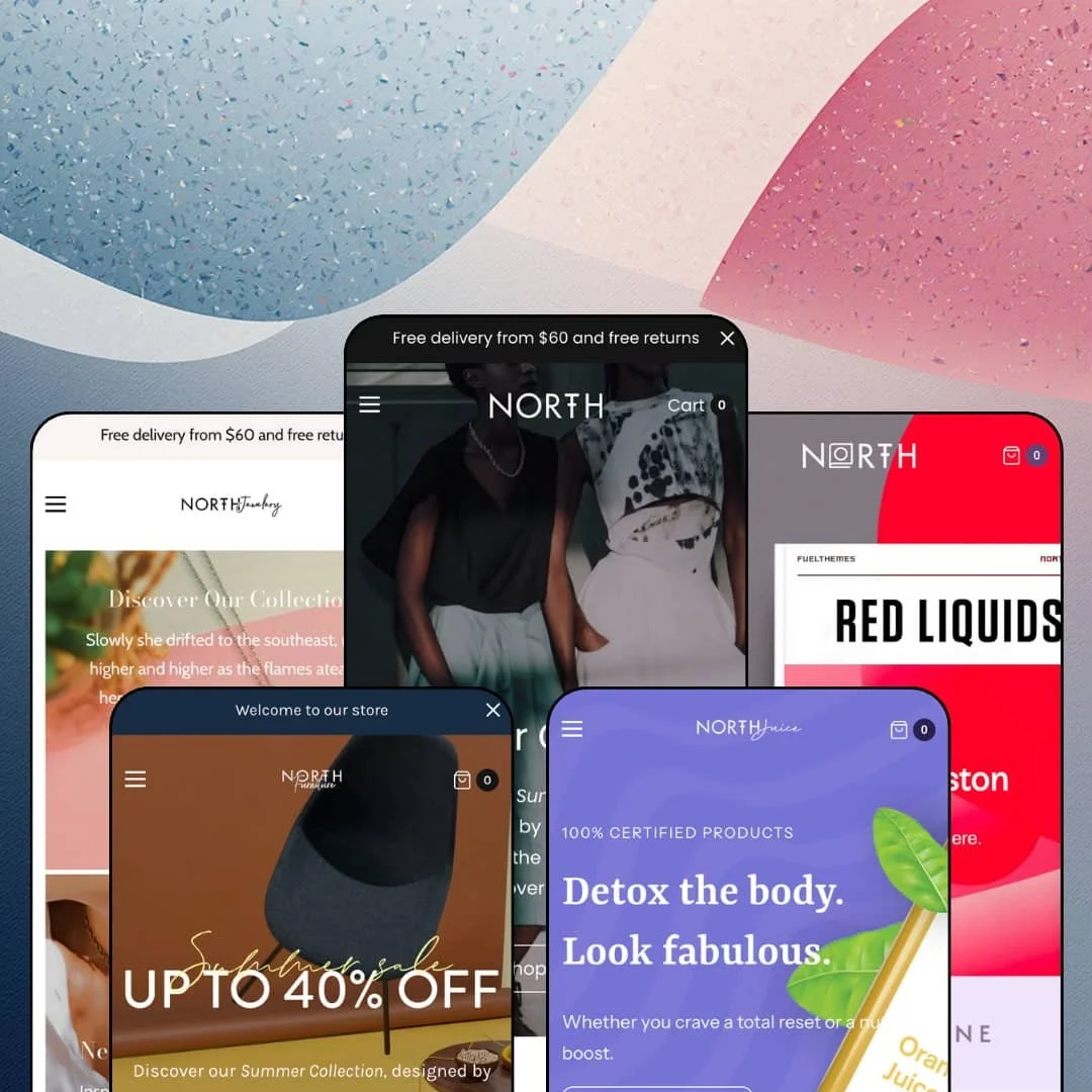 North Shopify theme presets in mobile view — Primrose for jewelry, Greige for furniture, North for fashion, Juice for drinks, Pagefold for books