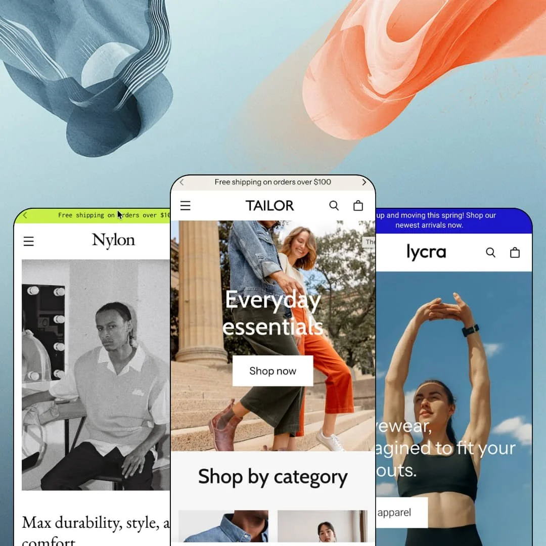 Tailor Shopify theme presets in mobile view — Nylon for streetwear, Tailor for everyday essentials, Lycra for activewear.