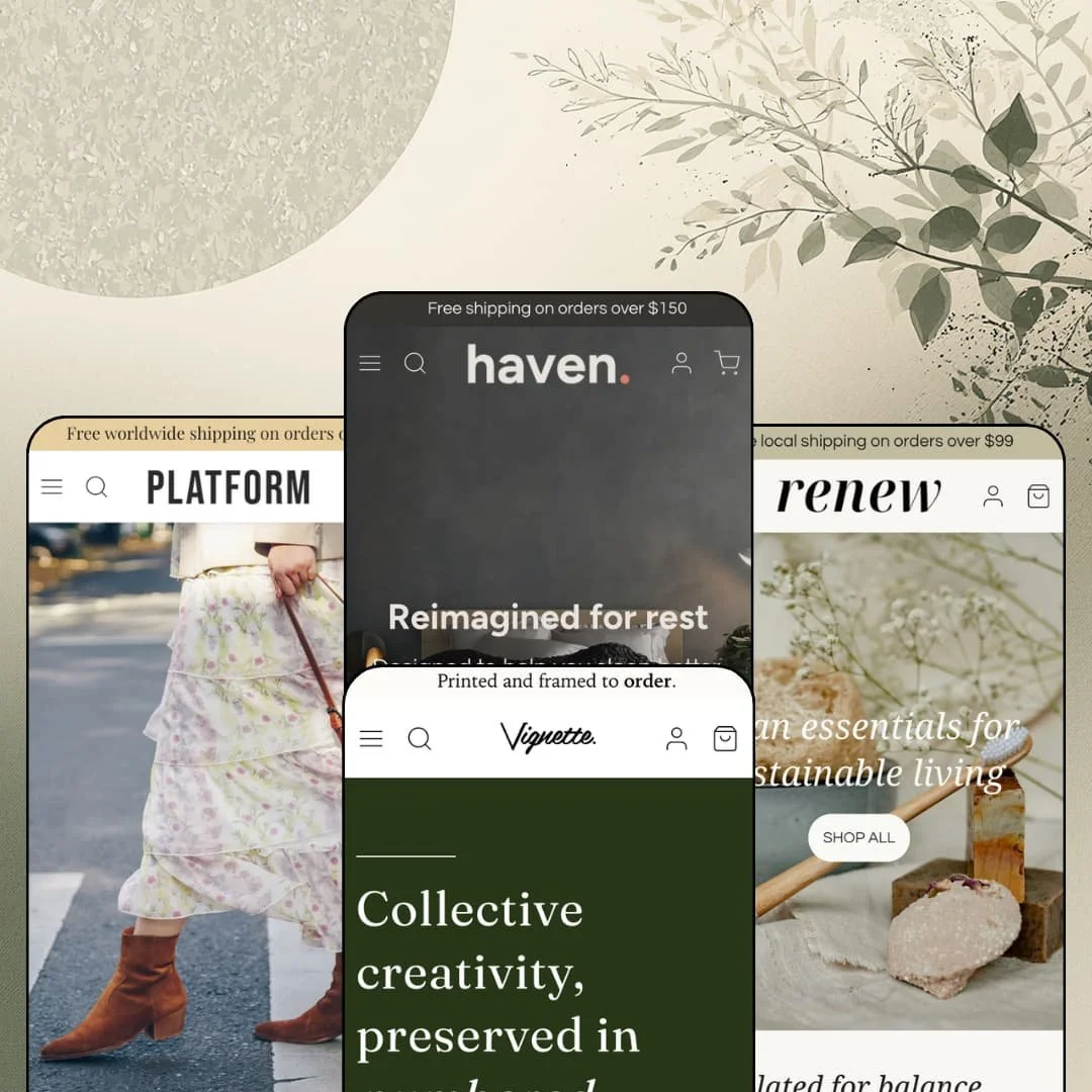 Haven Shopify theme presets in mobile view - Platform for footwear, Haven for bedding, Vignette for art prints, Renew for refillable care