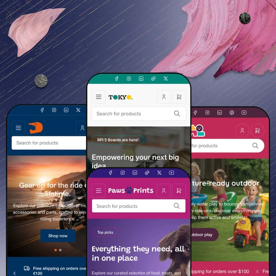 Tokyo Shopify theme presets in mobile view — Torque for motorcycle gear, Tokyo for electronics, Paw Prints for pet supplies, NovaPlay for toys