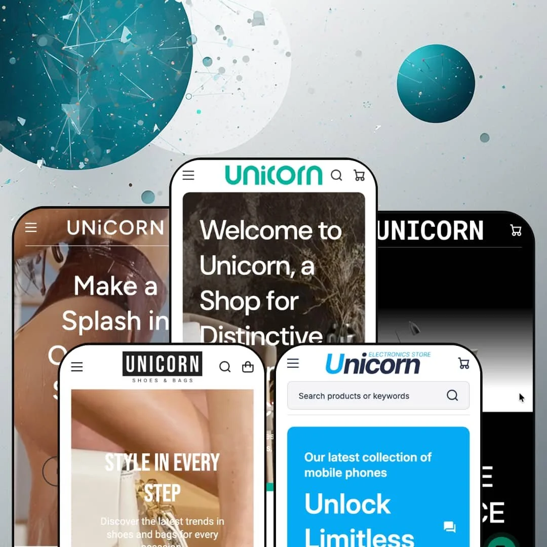 Unicorn Shopify theme mobile view — Sunkissed for swimwear, Dandy for footwear, Unicorn for home, Cargo for electronics, Illumination for lighting.