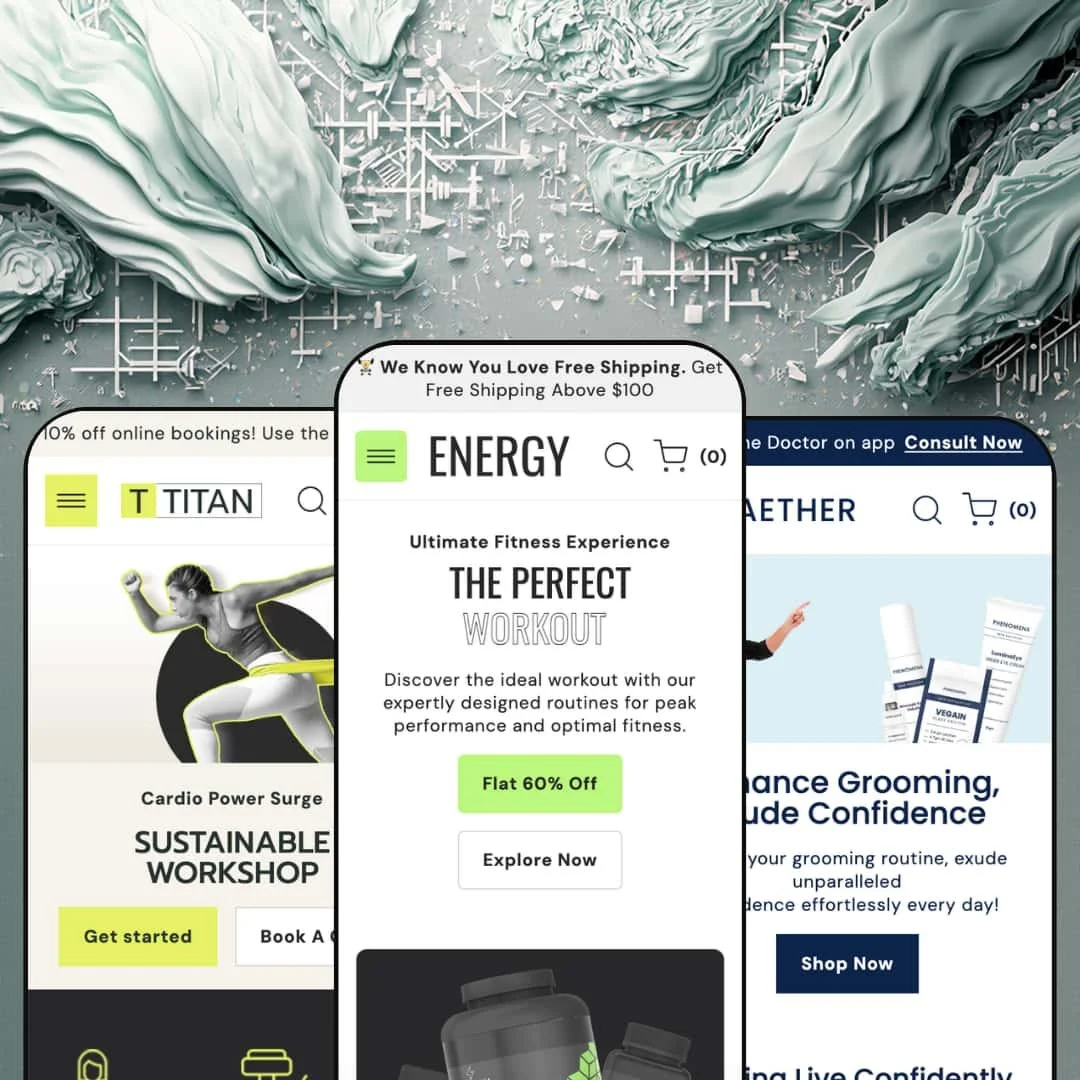 Energy Shopify theme presets in mobile view — Titan for gyms, Energy for sports nutrition, Aether for grooming and skincare