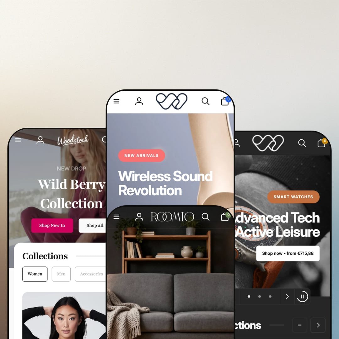 Woodstock Shopify theme presets in mobile view — Vita for activewear, Woodstock for electronics, Roomio for furniture, Obsidian for watches