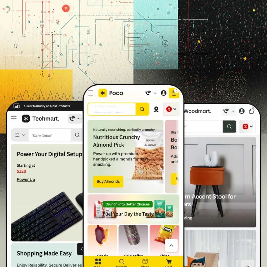 Poco Shopify theme shown on mobile across three presets: Poco grocery, Techmart electronics, and Woodmart home furnishings.