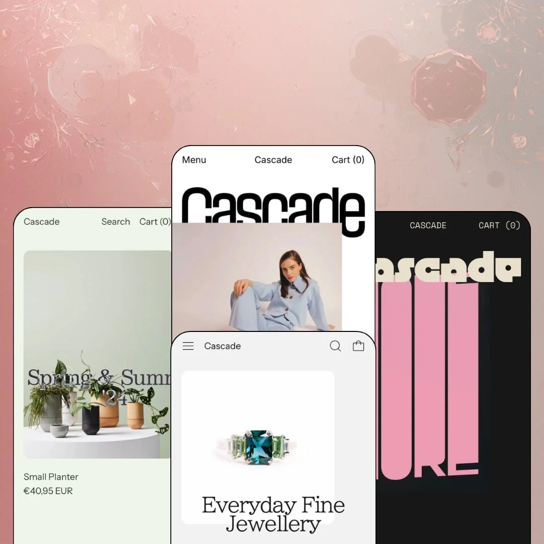 Cascade Shopify theme presets in mobile view — Swell for plants, Cascade for womenswear, Sequence for fine jewellery, Phase for art prints.