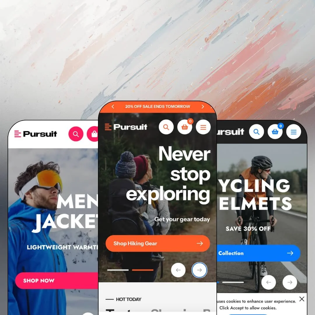 Pursuit Shopify theme presets in mobile view — Telluride for outerwear, Pursuit for outdoor gear, Vail for adventure sports.