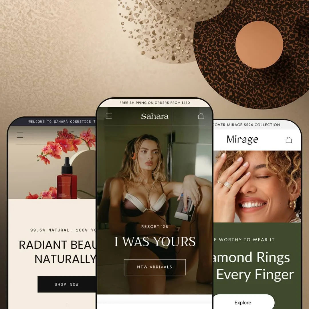 Sahara Shopify theme presets in mobile view — Savage for skincare, Sahara for swimwear, Mirage for jewelry