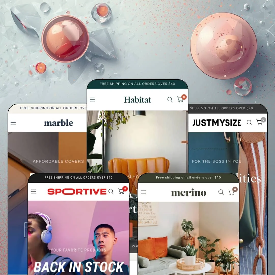Habitat Shopify theme presets in mobile view — Pebl for phone cases, Veloce for sportswear, Habitat for furniture, Merino for rugs, Strukt for fashion
