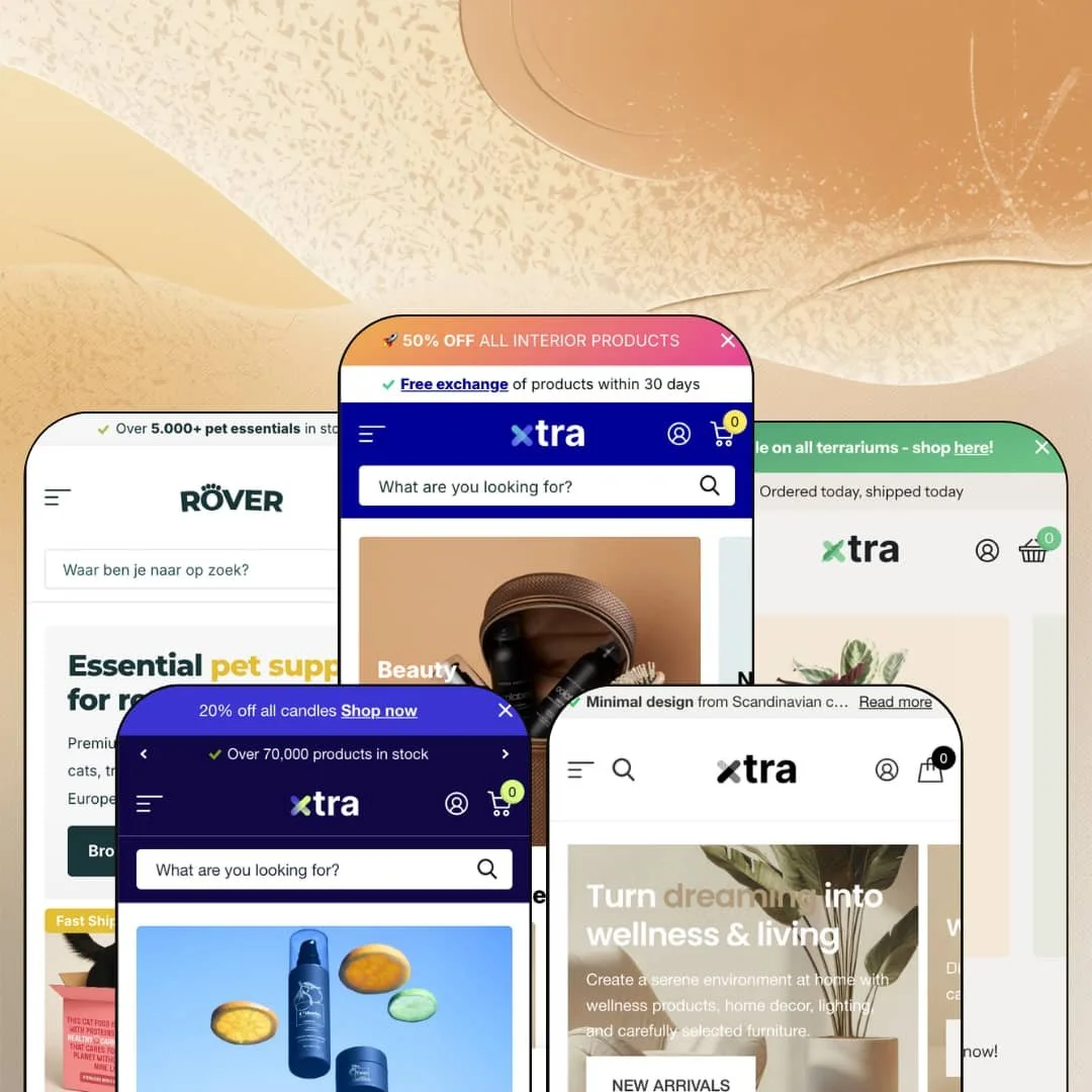 Xtra Shopify theme presets in mobile view — Rover for pet supplies, Vault for wholesale, Xtra for retail, Calm for home decor, Seed for plants
