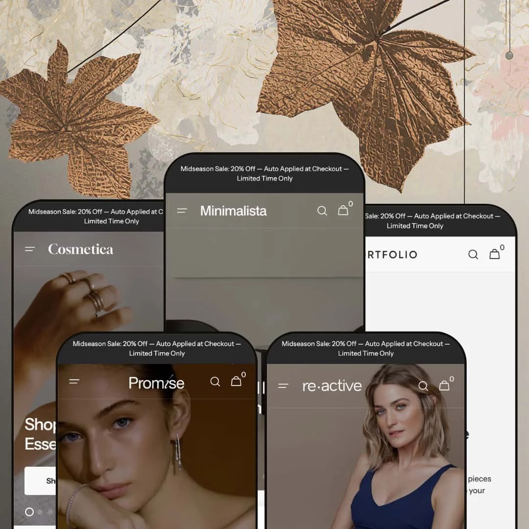 Minimalista Shopify theme presets in mobile view — Cosmetica beauty, Promise jewelry, Minimalista furniture, Reactive activewear, Portfolio art.