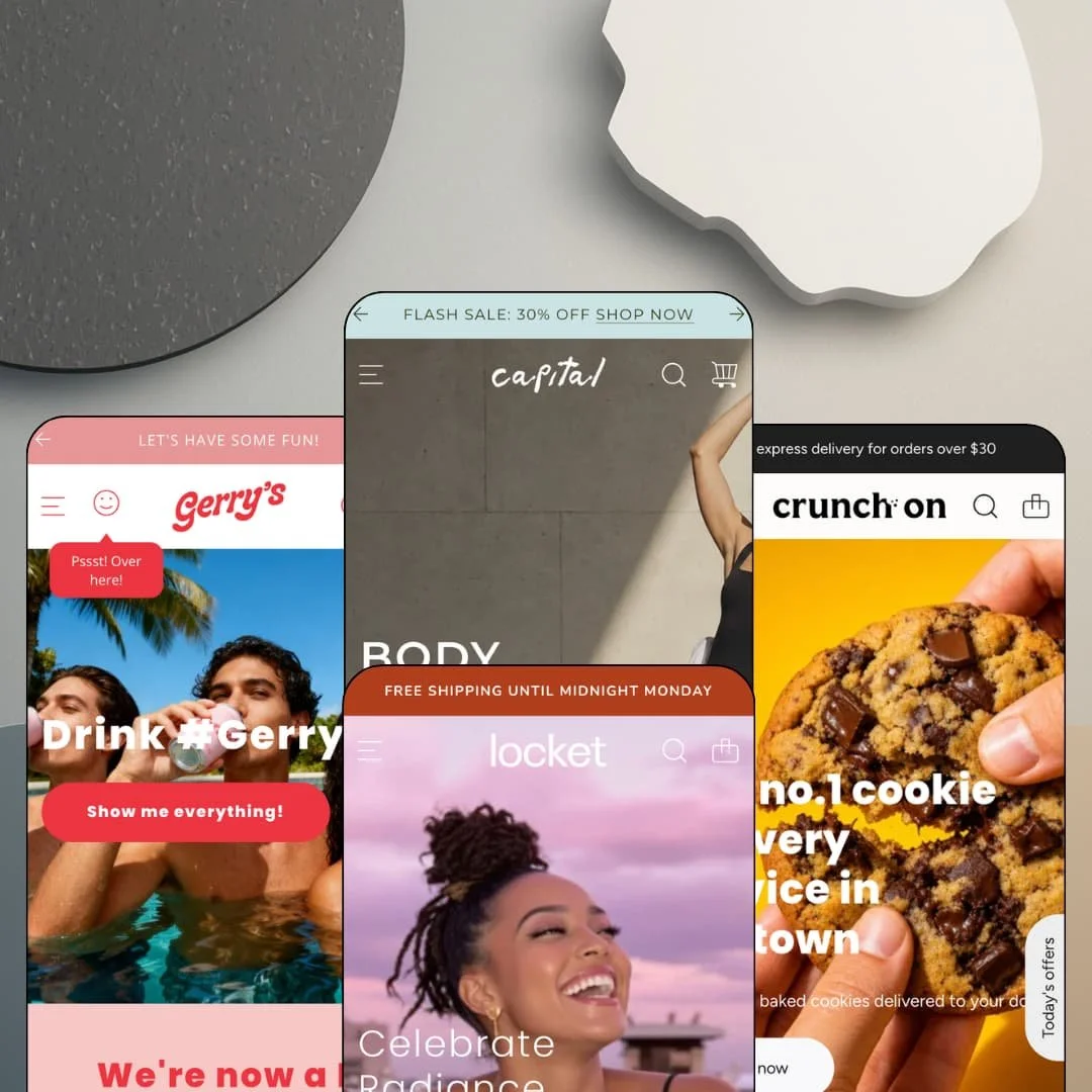 Capital Shopify theme presets in mobile view — Zing for hard seltzer, Capital for activewear, Locket for jewelry, Crunch for cookie delivery.