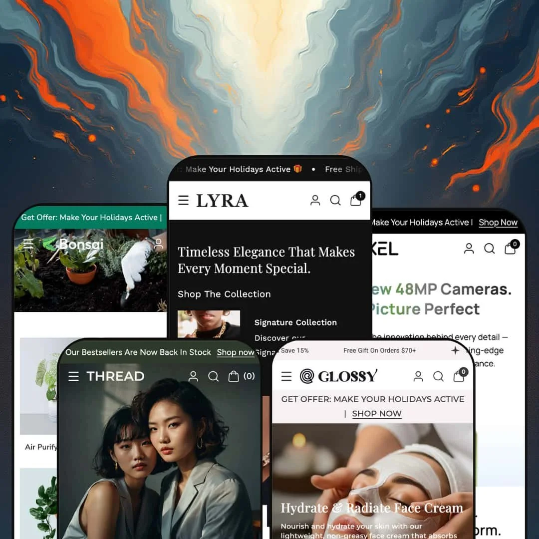 A composite image showing five different versions of the Lyra Shopify theme by Webibazaar Templates displayed on smartphone screens. Each screen showcases the theme's adaptation for different niches.