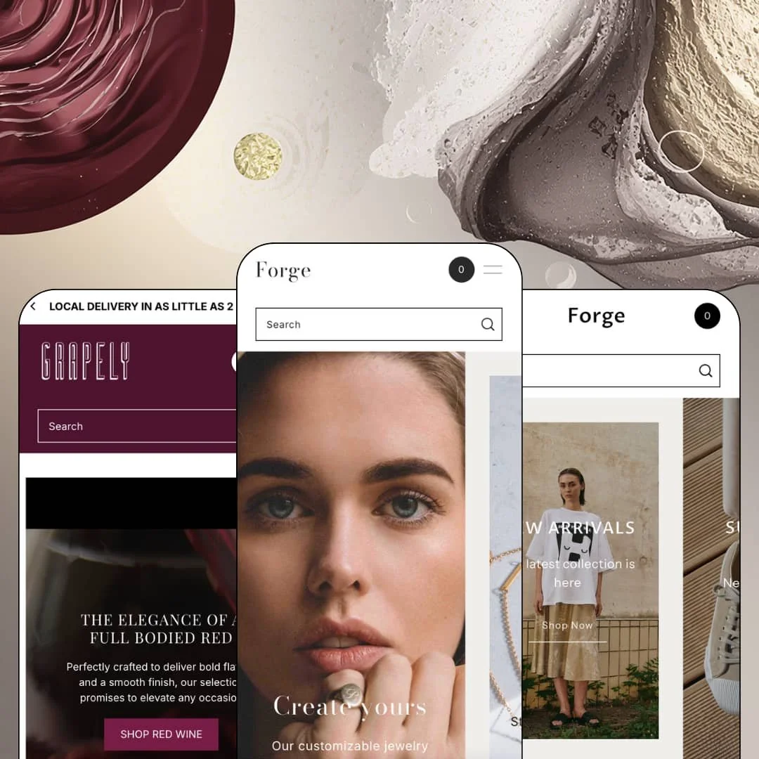 Forge Shopify theme presets in mobile view — Iridium for wine and spirits, Forge for jewelry, Titanium for fashion.