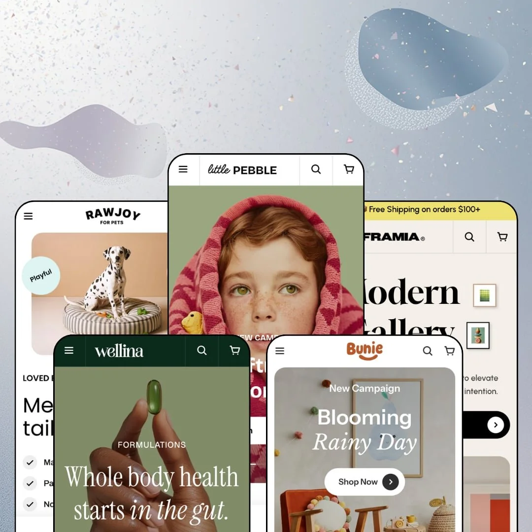 Pebble Shopify theme presets in mobile view — Rawjoy for pet food, Wellina for supplements, Pebble for kidswear, Bunie for toys, Framia for wall art