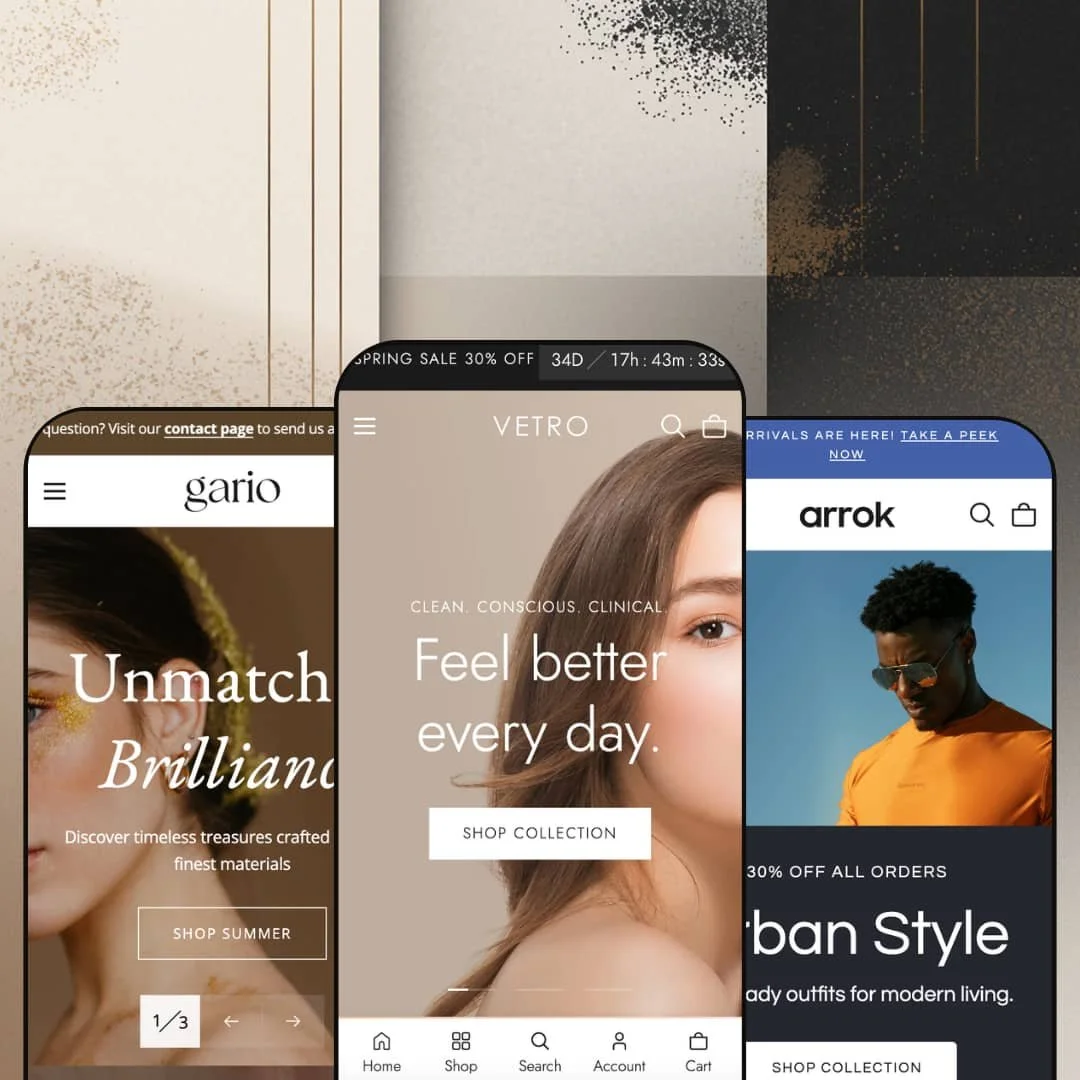 Vetro Shopify theme mobile preview showing all three presets: Gario with gold jewelry branding, Vetro with clean beauty styling, and Arrok with bold fashion visuals