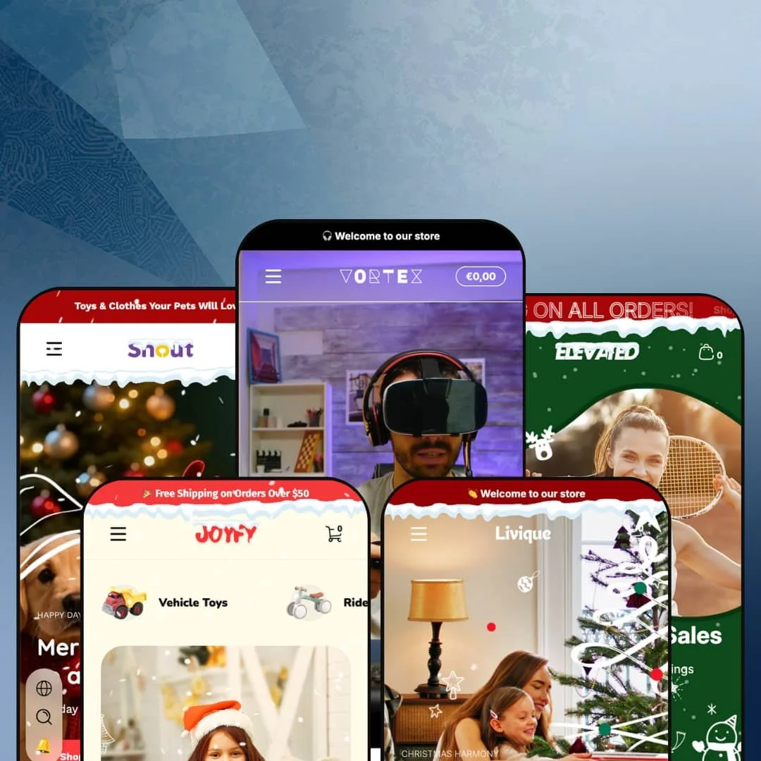 Ascent Shopify theme presets in mobile view — Snout for pets, Joyfy for kids' toys, Ascent for gaming, Livique for ceramic art, Elevated for tennis.