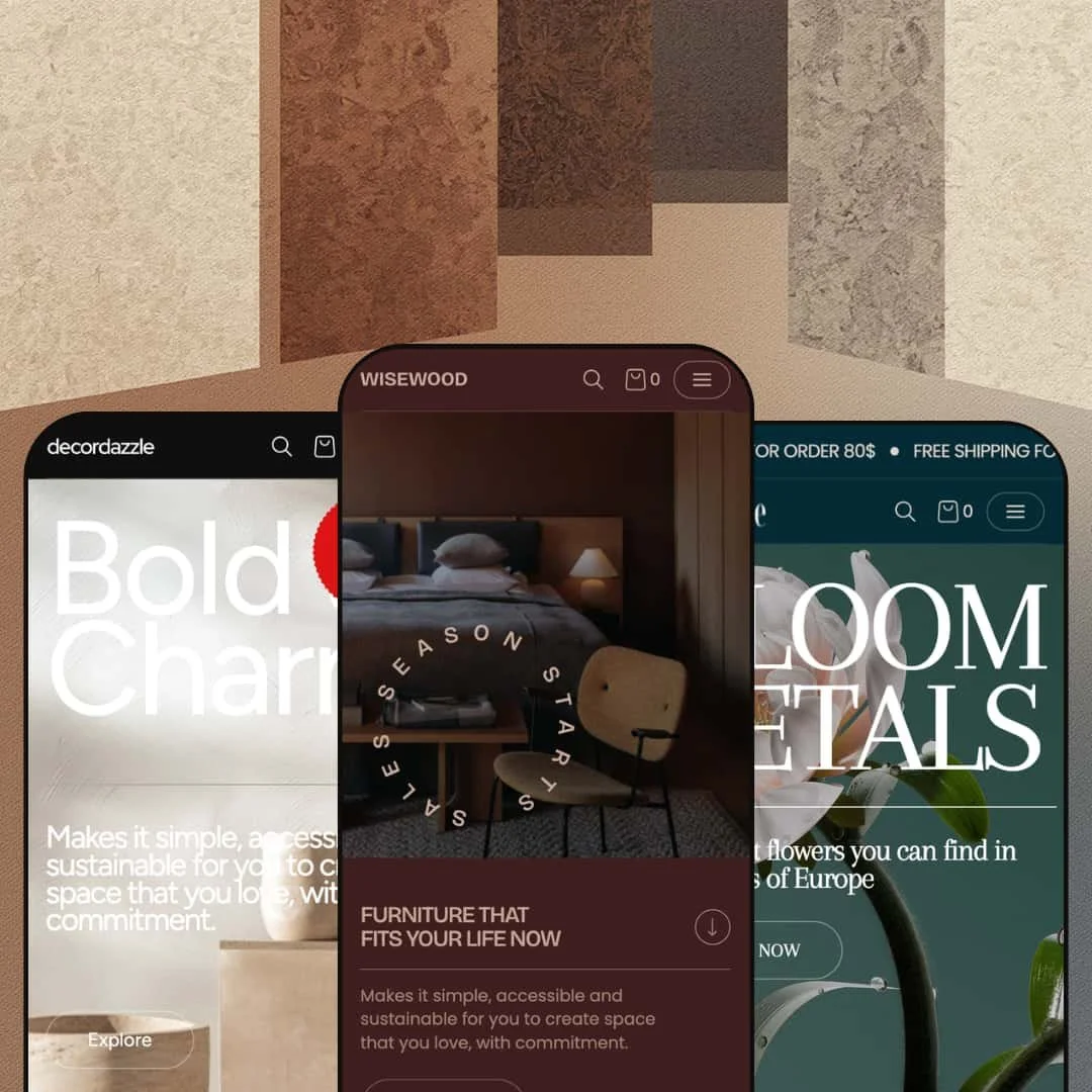 Three mobile previews of the Fullframe Shopify theme presets: Merida, Fullframe, and Florence, each showing a different brand aesthetic and color palette.