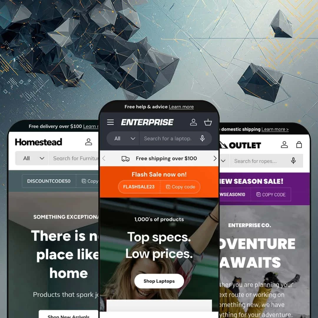 Enterprise Shopify theme presets in mobile view — Homestead for homeware, Enterprise for electronics, Outlet for sports and outdoor apparel