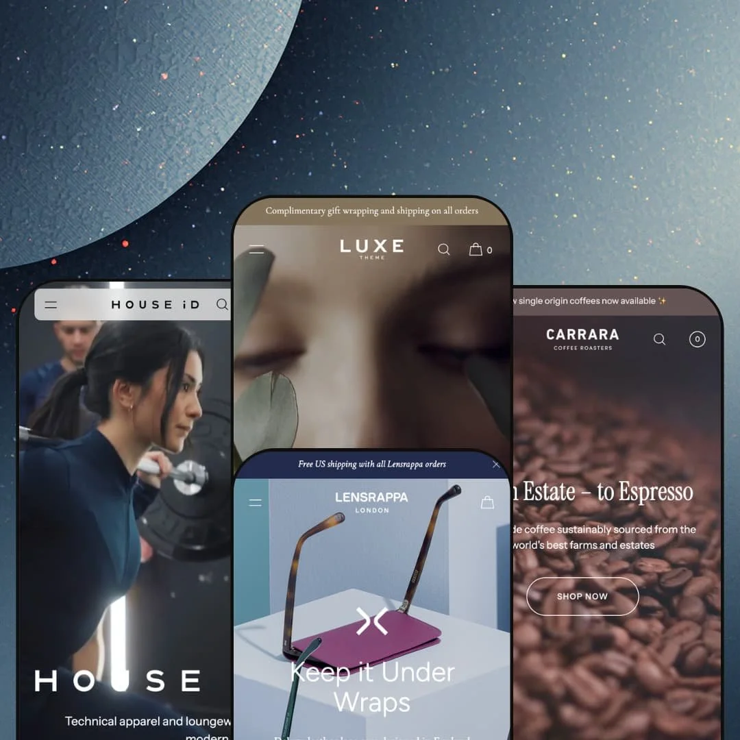 Luxe Shopify theme presets in mobile view — Soho for activewear, Luxe for fragrance, Mayfair for accessories, Milton for coffee