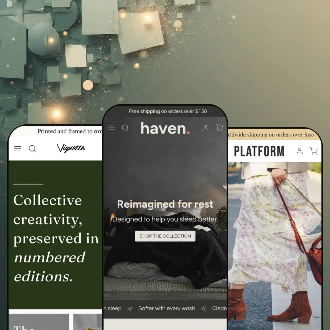 A composite image showing three different versions of the Haven Shopify theme by Hex Switch Studios displayed on smartphone screens. Each screen showcases the theme's adaptation for different niches.