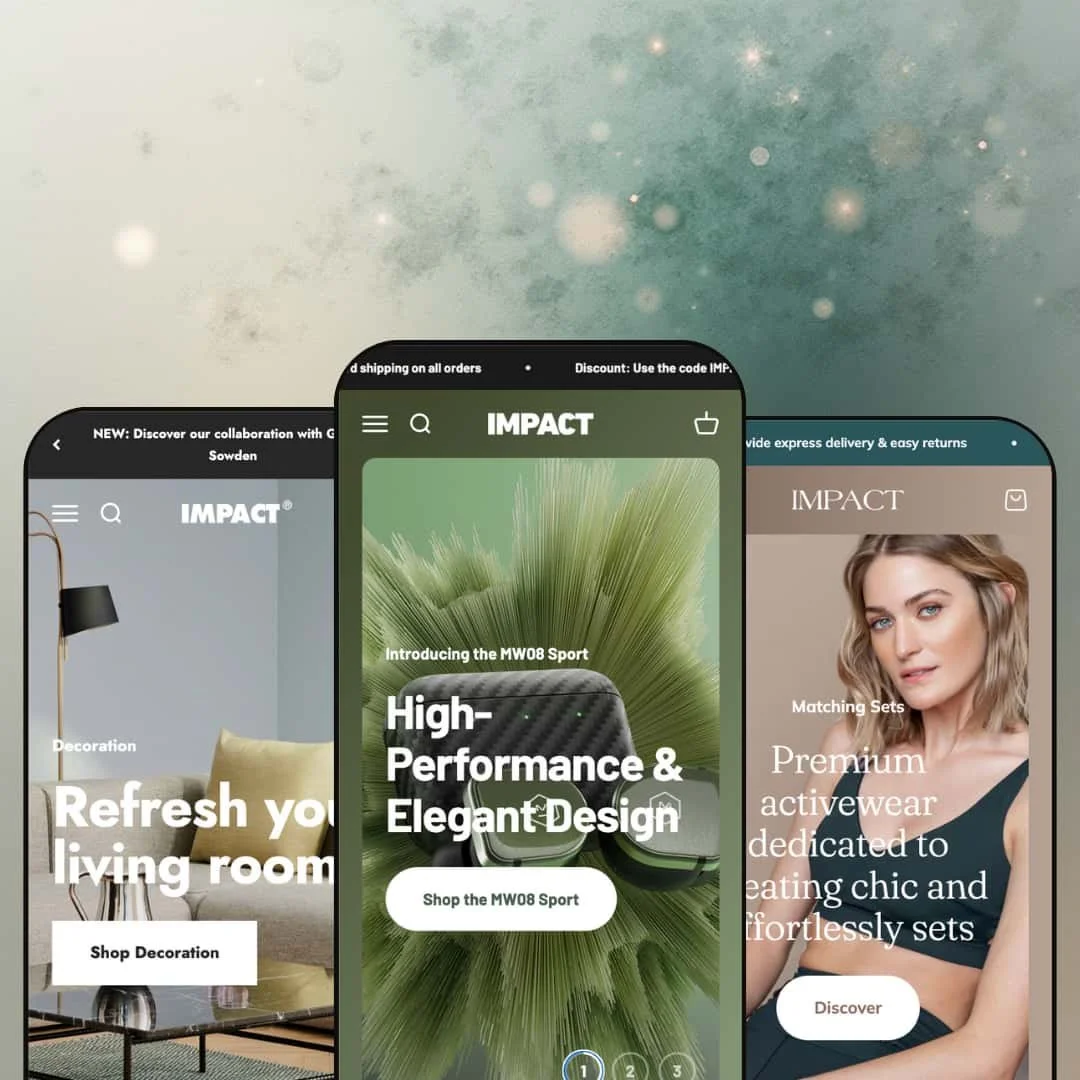 A composite image showing three different versions of the Impact Shopify theme by Maestrooo displayed on smartphone screens. Each screen showcases the theme's adaptation for different niches.