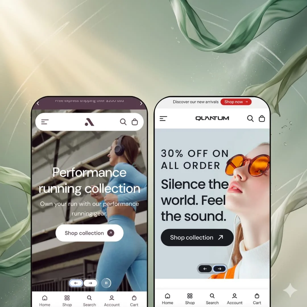 Athora Shopify theme review showing both presets side by side:  the Athora activewear preset and the Quantum electronics preset  on mobile.