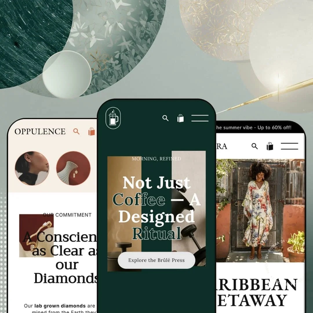 Noblesse Shopify theme presets in mobile view — Oppulence for fine jewelry, Noblesse for coffee, Riviera for resort wear