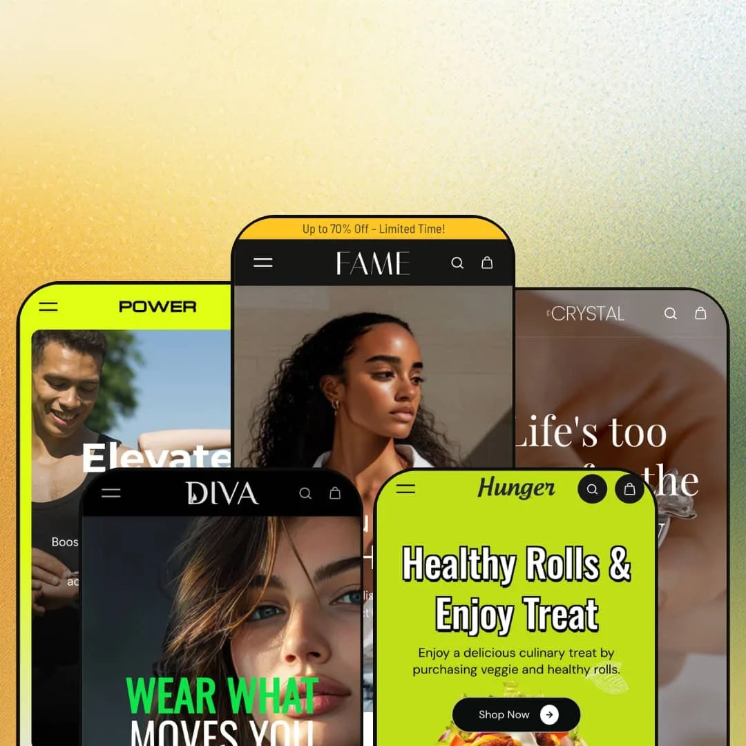 Fame Shopify theme presets in mobile view — Fame for fashion, Diva for streetwear, Power for fitness, Crystal for jewelry, Hunger for food.