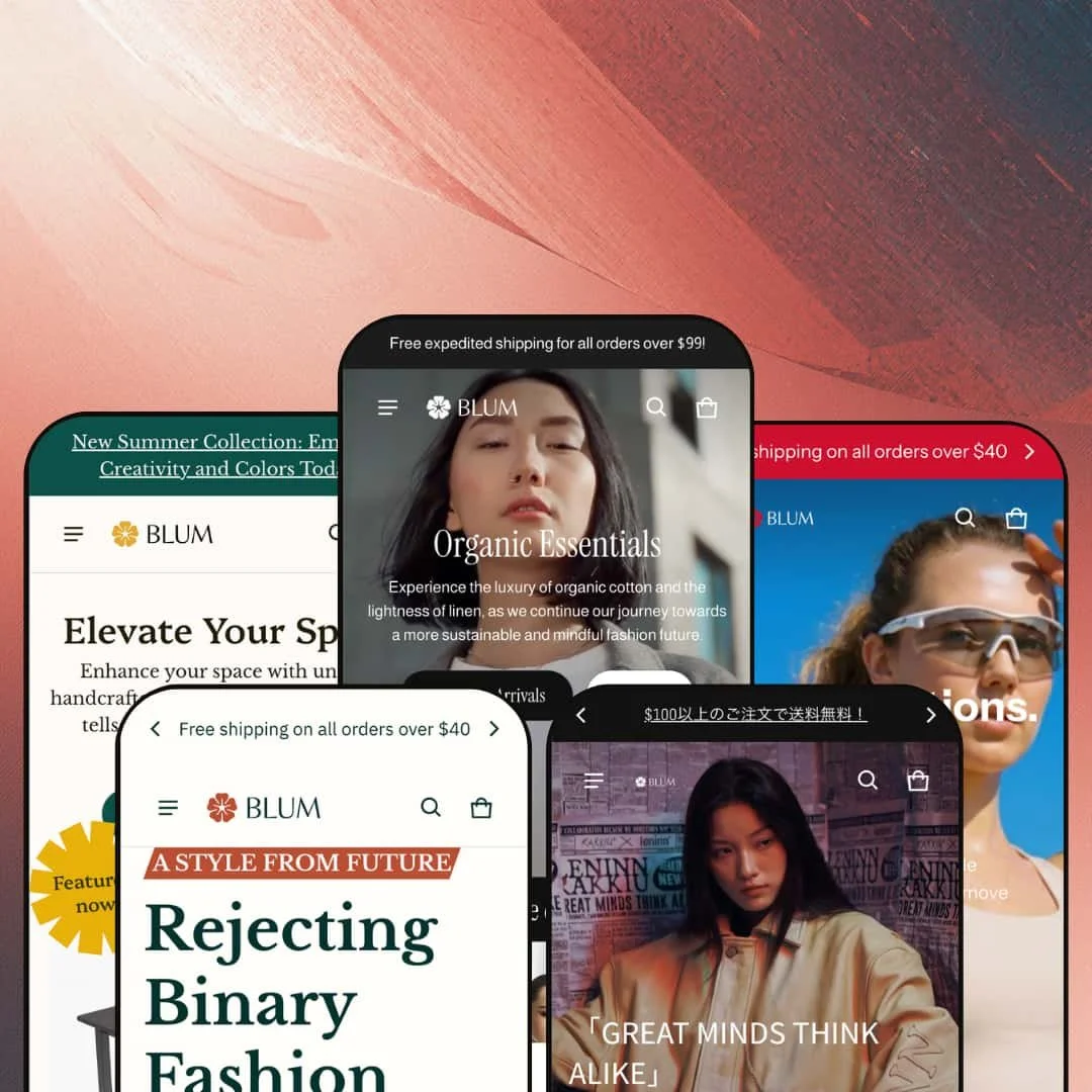 Blum Shopify theme presets in mobile view — Totem for home goods, Monti for unisex fashion, Blum for womenswear, Fuji for streetwear, Solie for activewear