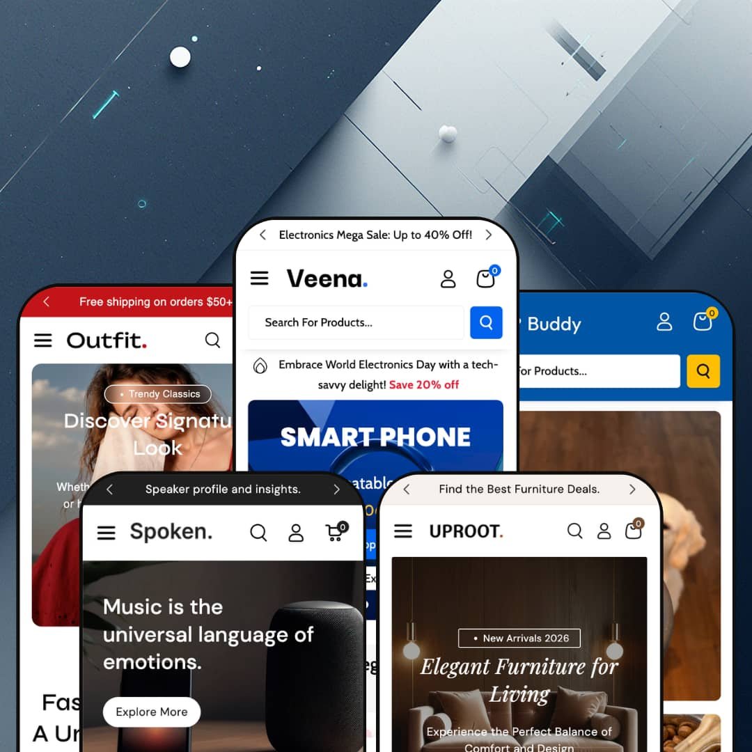 Veena Shopify theme presets in mobile view — Outfit for fashion, Spoken for audio, Veena for electronics, Uproot for furniture, Buddy for pets