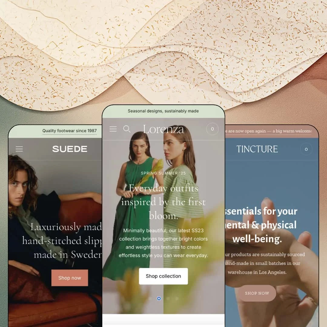 Lorenza Shopify theme presets in mobile view — Suede for footwear, Lorenza for womenswear, Tincture for herbal wellness