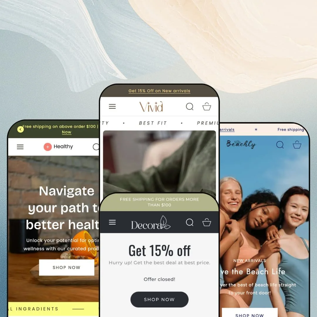 Vivid Shopify theme presets in mobile view — Pure for wellness, Vivid for jewelry, Aero for décor, Beachly for swimwear