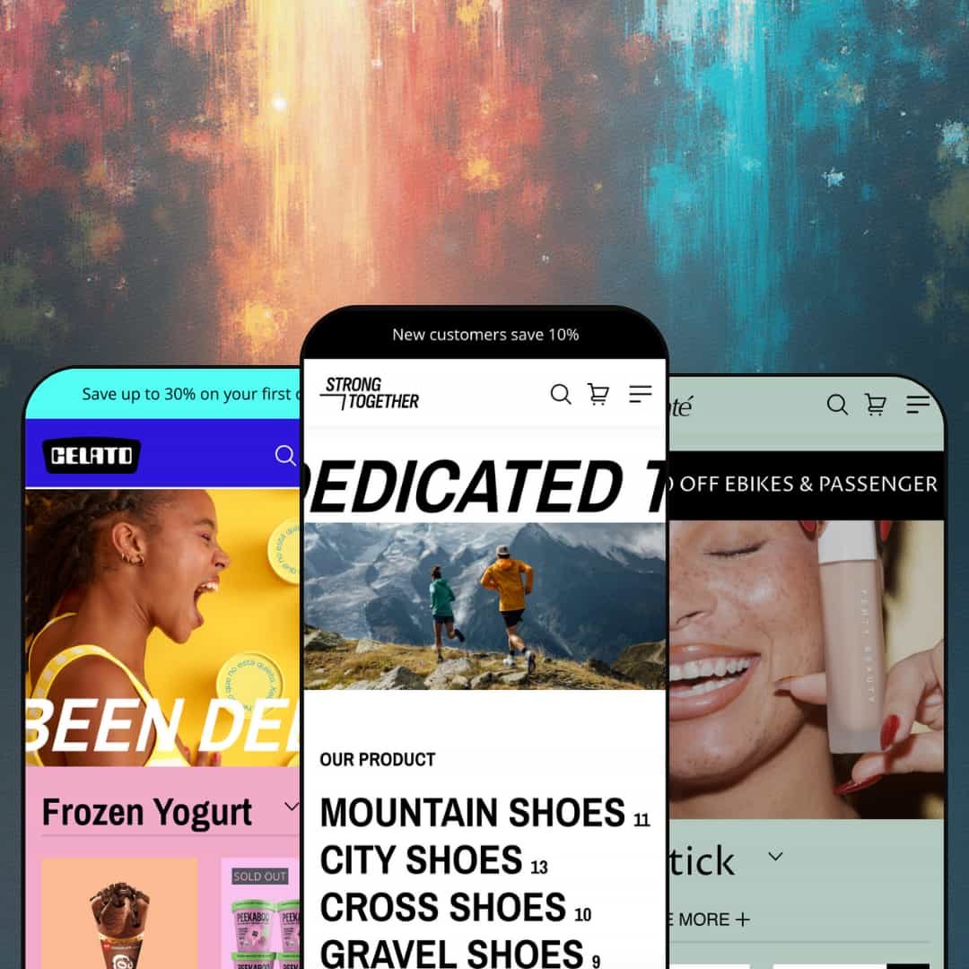 A composite image showing three different versions of the Strong Shopify theme by BoostifyThemes displayed on smartphone screens. Each screen showcases the theme's adaptation for different niches.