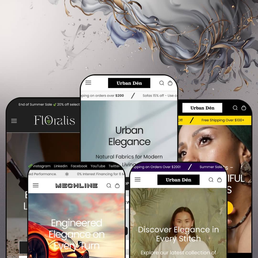 Urban Shopify theme presets in mobile view — Floralis for plants, Mechline for wheels, Urban for furniture, Attire for apparel, Waverly for jewelry