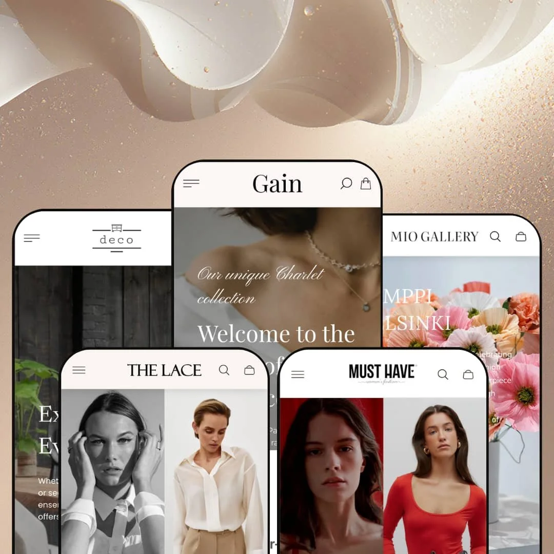 Gain Shopify theme presets in mobile view — Maison for furniture, Lace for womenswear, Gain for apparel, Sable for fashion, Mio for paper art