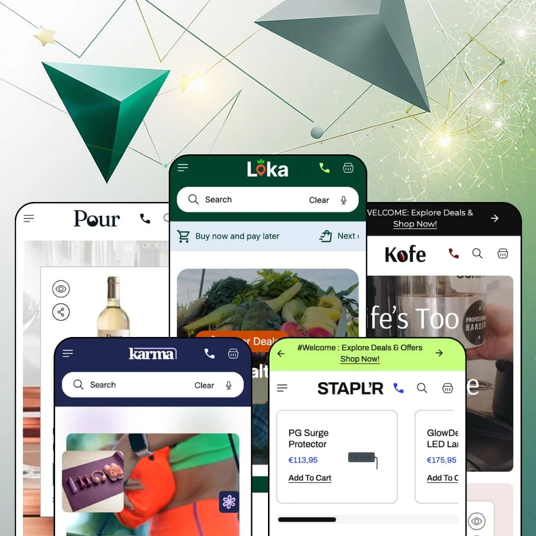 Loka Shopify theme presets in mobile view — Pour for wine, Karma for wellness, Loka for grocery, Staplr for office supplies, Kofe for coffee