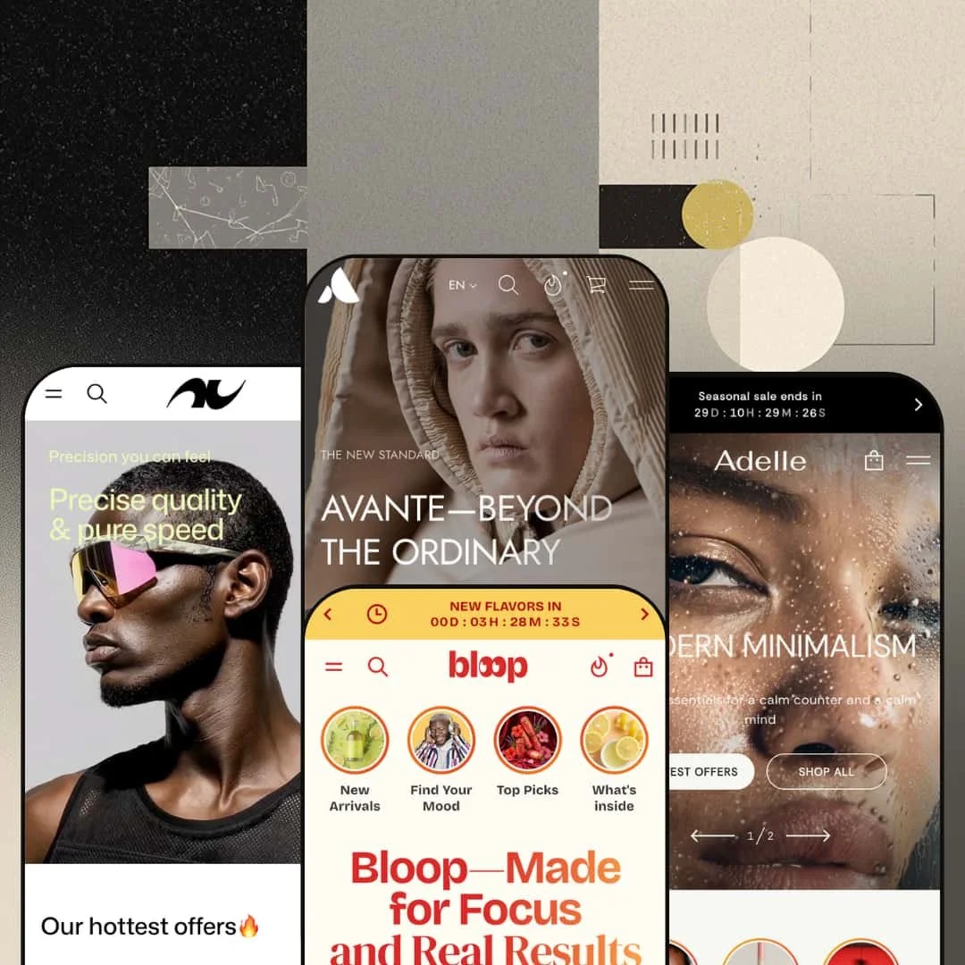 Avante Shopify theme presets in mobile view — Vortex for sportswear, Avante for avant-garde fashion, Bloop for functional drinks, Adelle for beauty