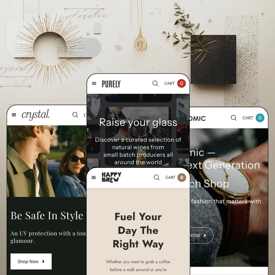 Purely Shopify theme presets in mobile view — Sight for eyewear, Purely for wine, Bean for coffee, Atomic for watches