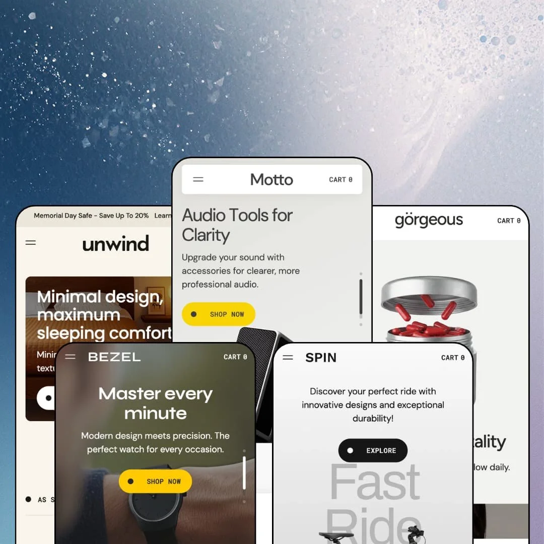 Motto Shopify theme presets in mobile view — Unwind for furniture, Bezel for watches, Motto for audio, Spin for e-bikes, Gorgeous for beauty