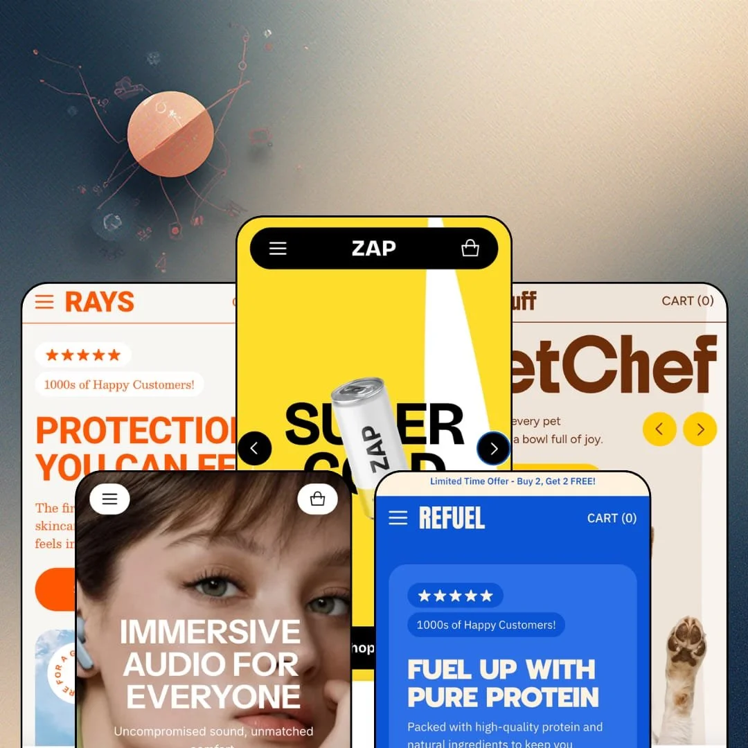 Zap Shopify theme presets in mobile view — Rays for suncare, Portable for audio, Zap for cold brew, Refuel for protein bars, Fluff for pet food