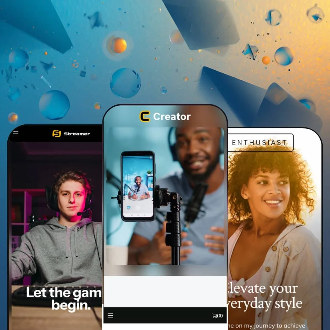 Creator Shopify theme presets in mobile view — Streamer for gaming streamers, Creator for content creators, Enthusiast for beauty and lifestyle influencers