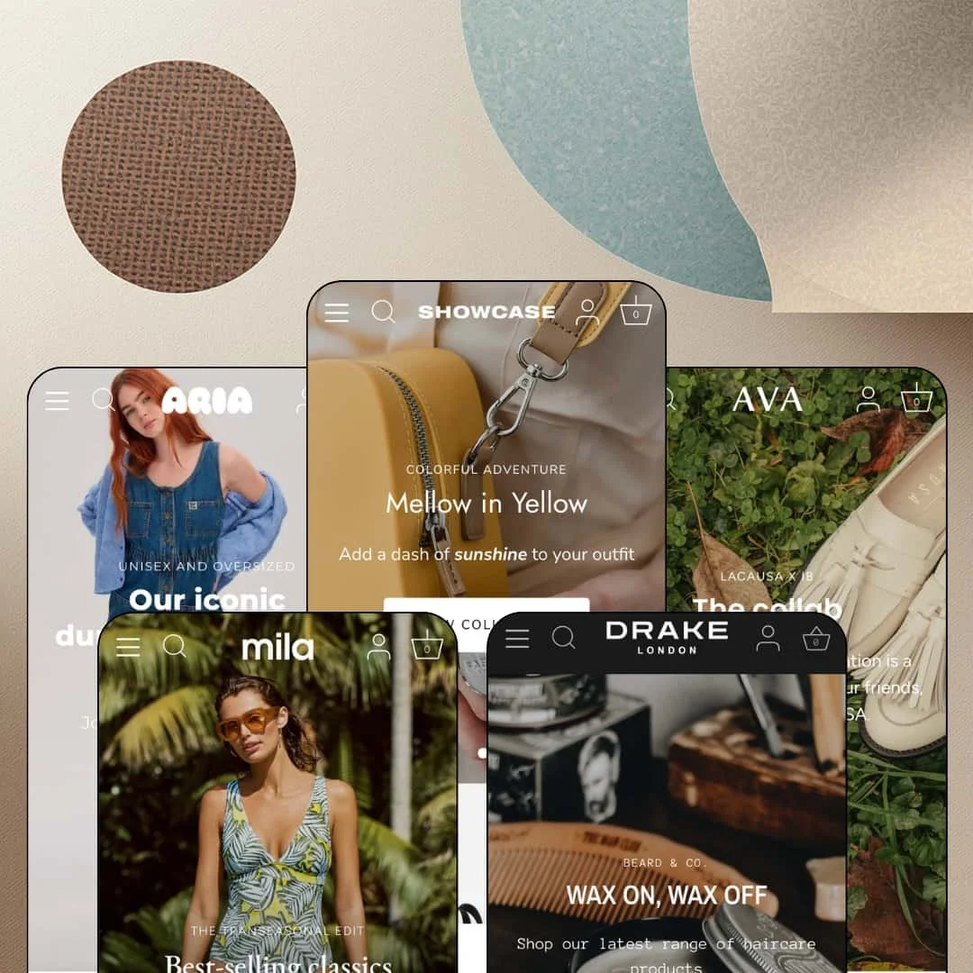 Showcase Shopify theme presets in mobile view — Aria apparel, Mila swimwear, Showcase bags, Drake grooming, Ava footwear