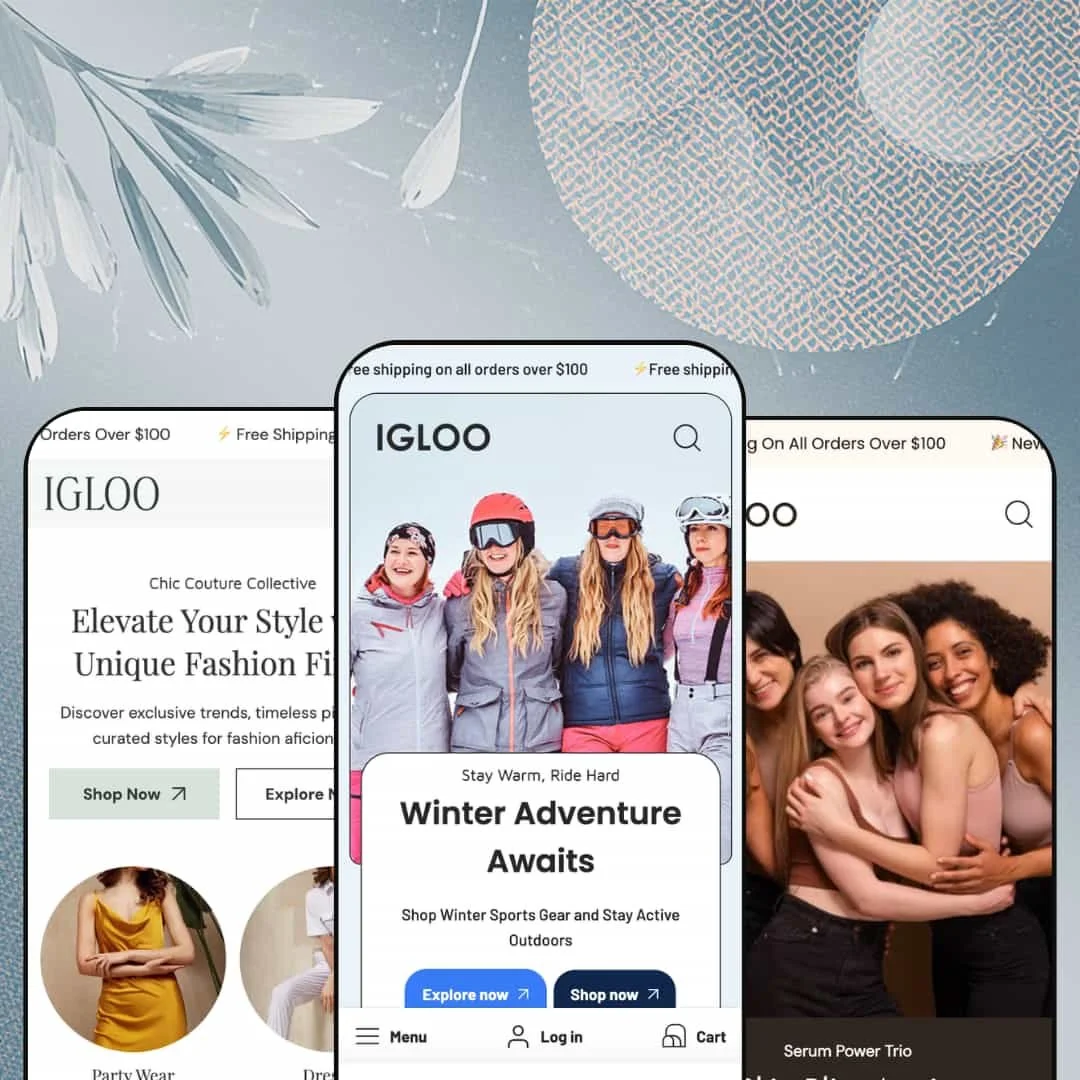 Igloo Shopify theme presets in mobile view — Drift for women's fashion, Igloo for winter sports gear, Bella for skincare