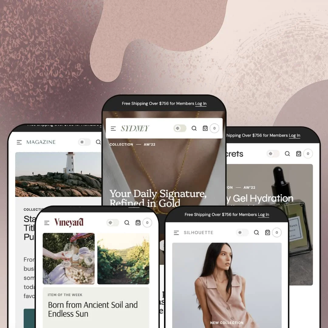 Sydney Shopify theme presets in mobile view — Sydney for jewelry, Secrets for skincare, Silhouette for apparel, Vineyard for wine, Magazine for publishing